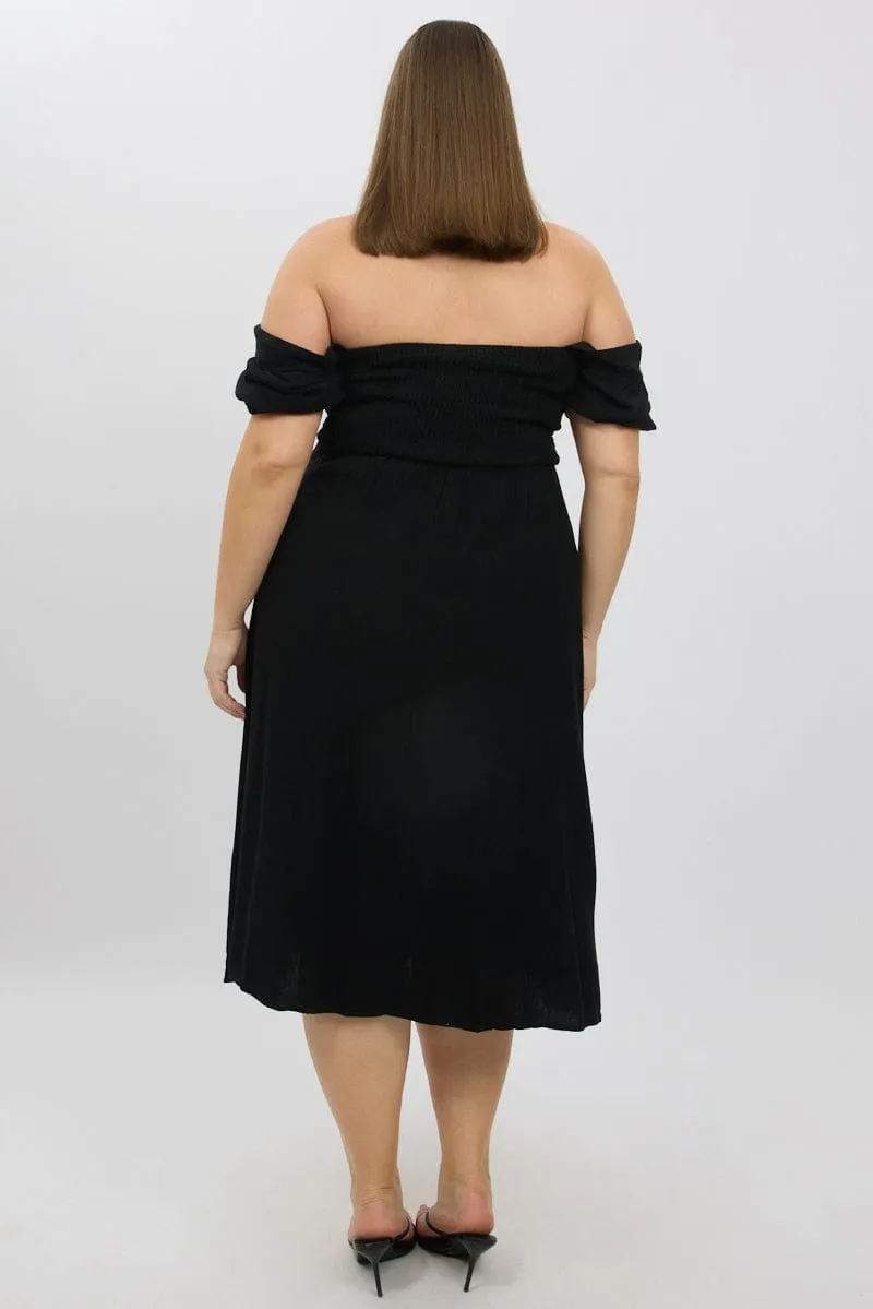 Black Midi Dress Short Sleeve Ruched Bust Linen Blend Mediterranean Cool