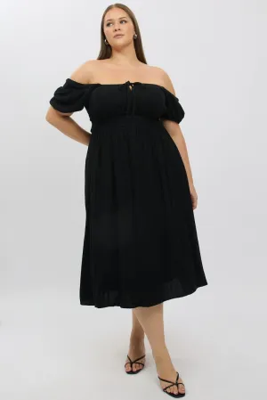 Black Midi Dress Short Sleeve Ruched Bust Linen Blend Pack Friendly