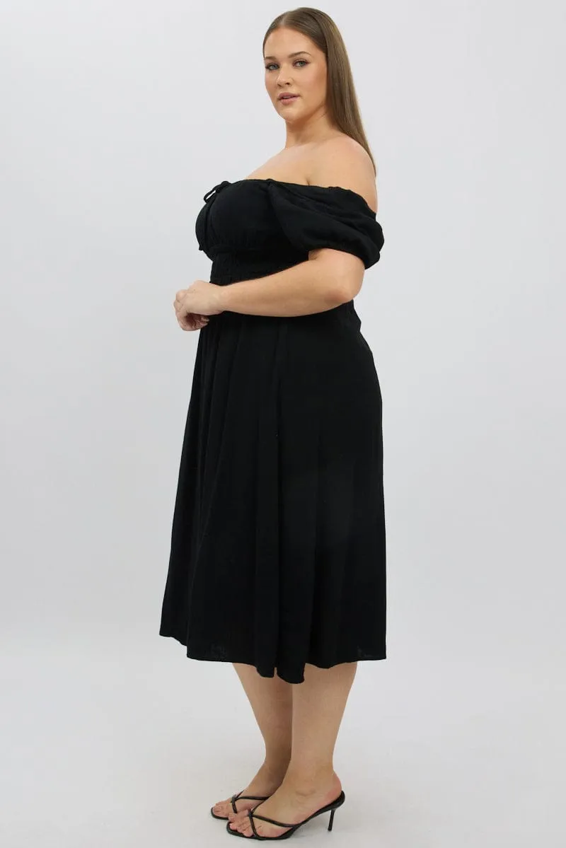 Black Midi Dress Short Sleeve Ruched Bust Linen Blend Relaxed fit for outings Soft fabric knee-length dress