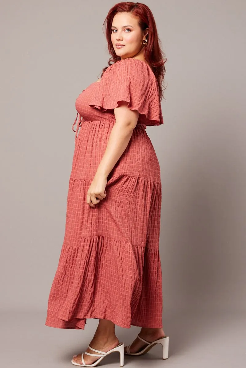 Brown Midi Dress Short Sleeve Textured Stylish semi-formal dress Perfect outdoor event dress