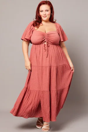 Polished Design Korean Soft Brown Midi Dress Short Sleeve Textured