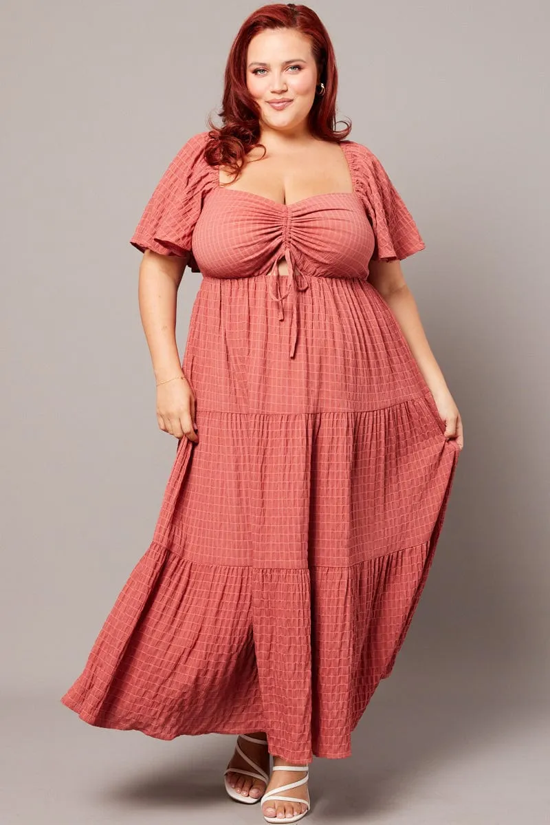 Polished Design Korean Soft Brown Midi Dress Short Sleeve Textured