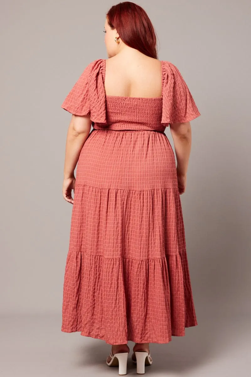 Brown Midi Dress Short Sleeve Textured Port Side