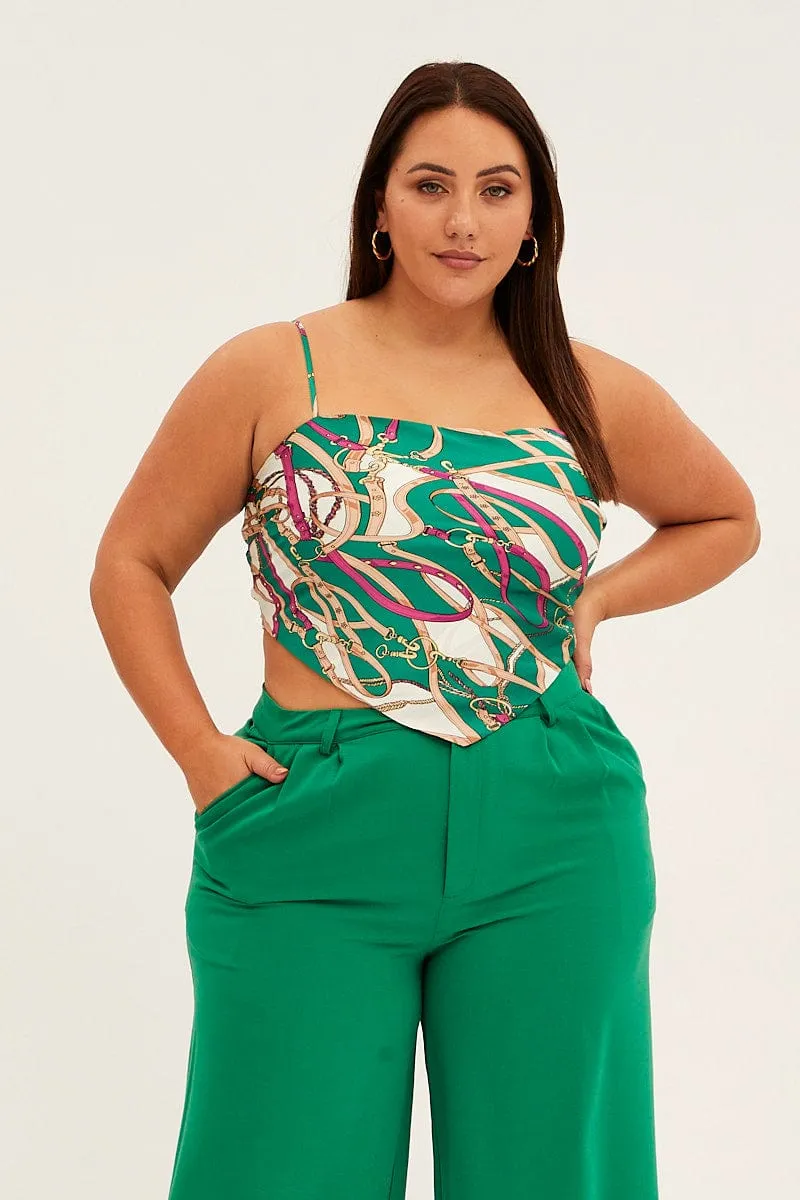 Green Abstract Crop Top Sleeveless Scarf Hem Satin Lightweight sweater