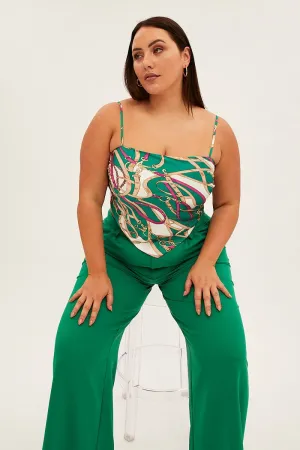 Relaxed Outfit All-Occasion Green Abstract Crop Top Sleeveless Scarf Hem Satin