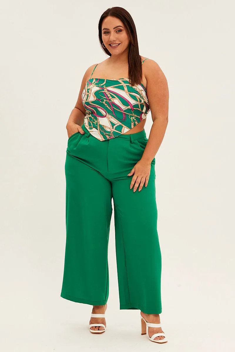 Everyday Fashion Green Abstract Crop Top Sleeveless Scarf Hem Satin