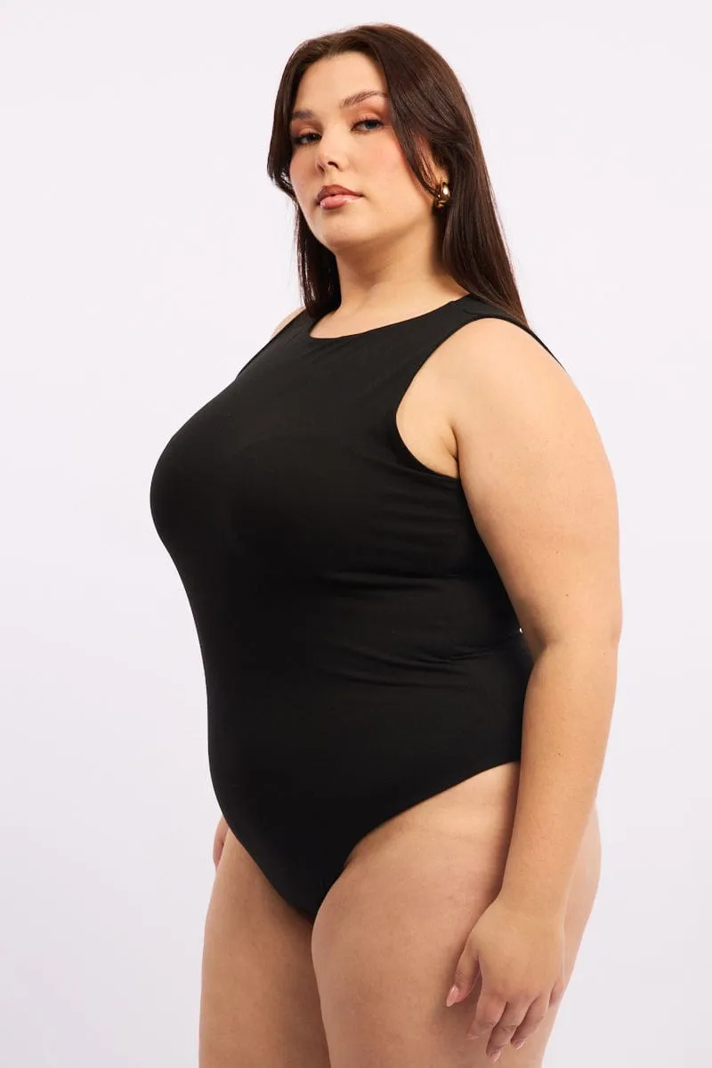 Black Bodysuit Sleeveless Crew Neck MatteFinishTexture Wind Glow