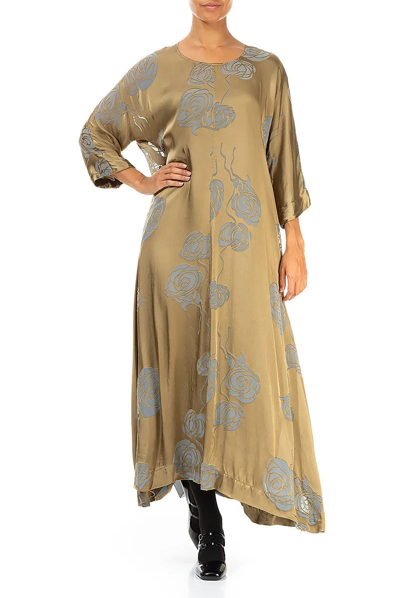 QuickDryTech Handmade Fit Flared Roses Silver Sage Silk Dress