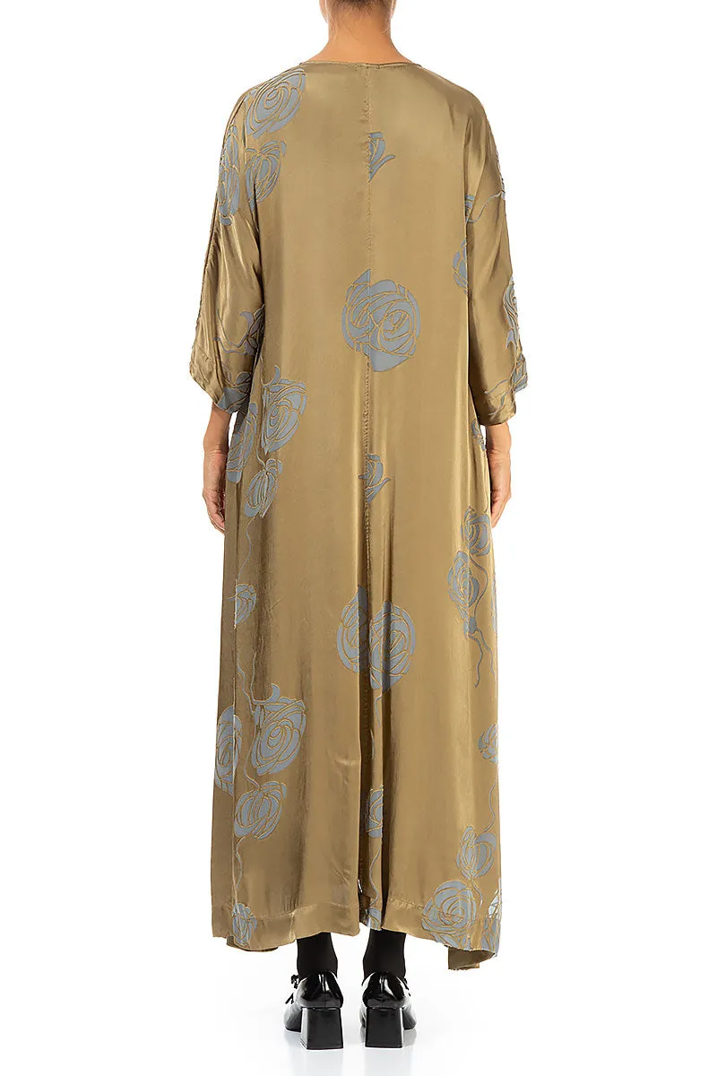 Flared Roses Silver Sage Silk Dress Rain Fit