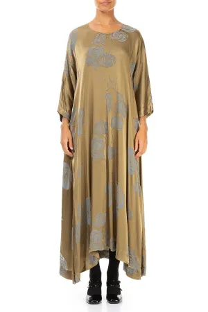 Flared Roses Silver Sage Silk Dress ShrinkResistant