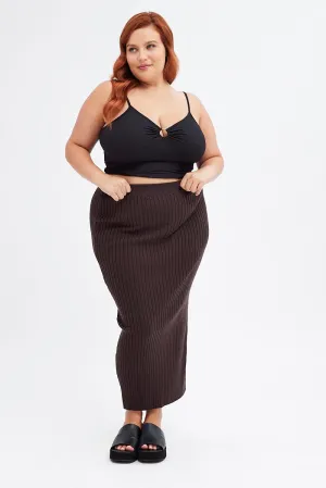Modern Details Brown Midi Bodycon Skirt Knit