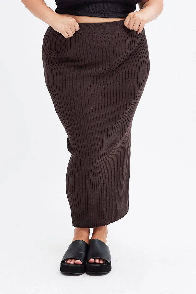 Brown Midi Bodycon Skirt Knit Slow Fashion Wrap Closure