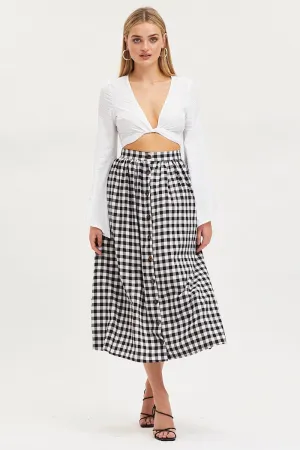 Low Impact Dye Smart Texture Check Midi Skirt High Rise Button Down
