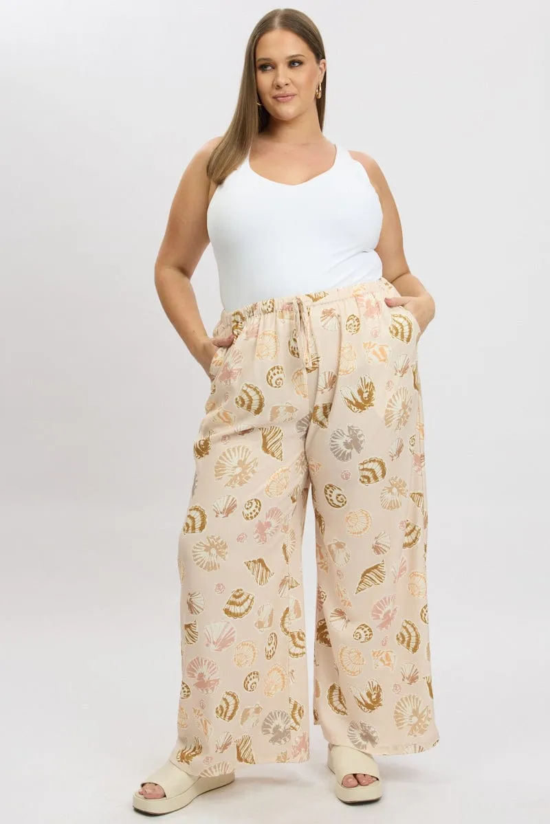 Durable Hemming Everyday Must-have Beige Abstract Wide Leg Linen Blend Tie Waist Pants
