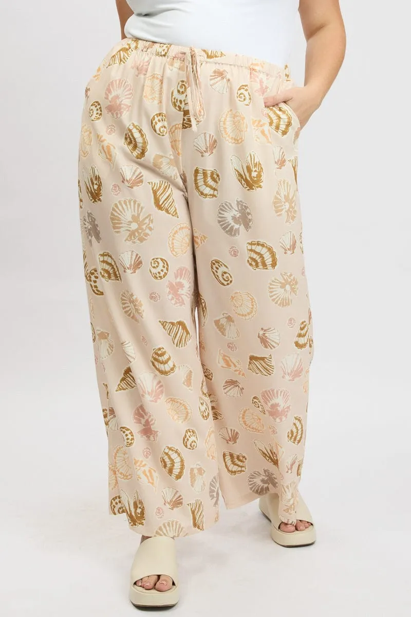 Flattering Style Classy Fit Beige Abstract Wide Leg Linen Blend Tie Waist Pants