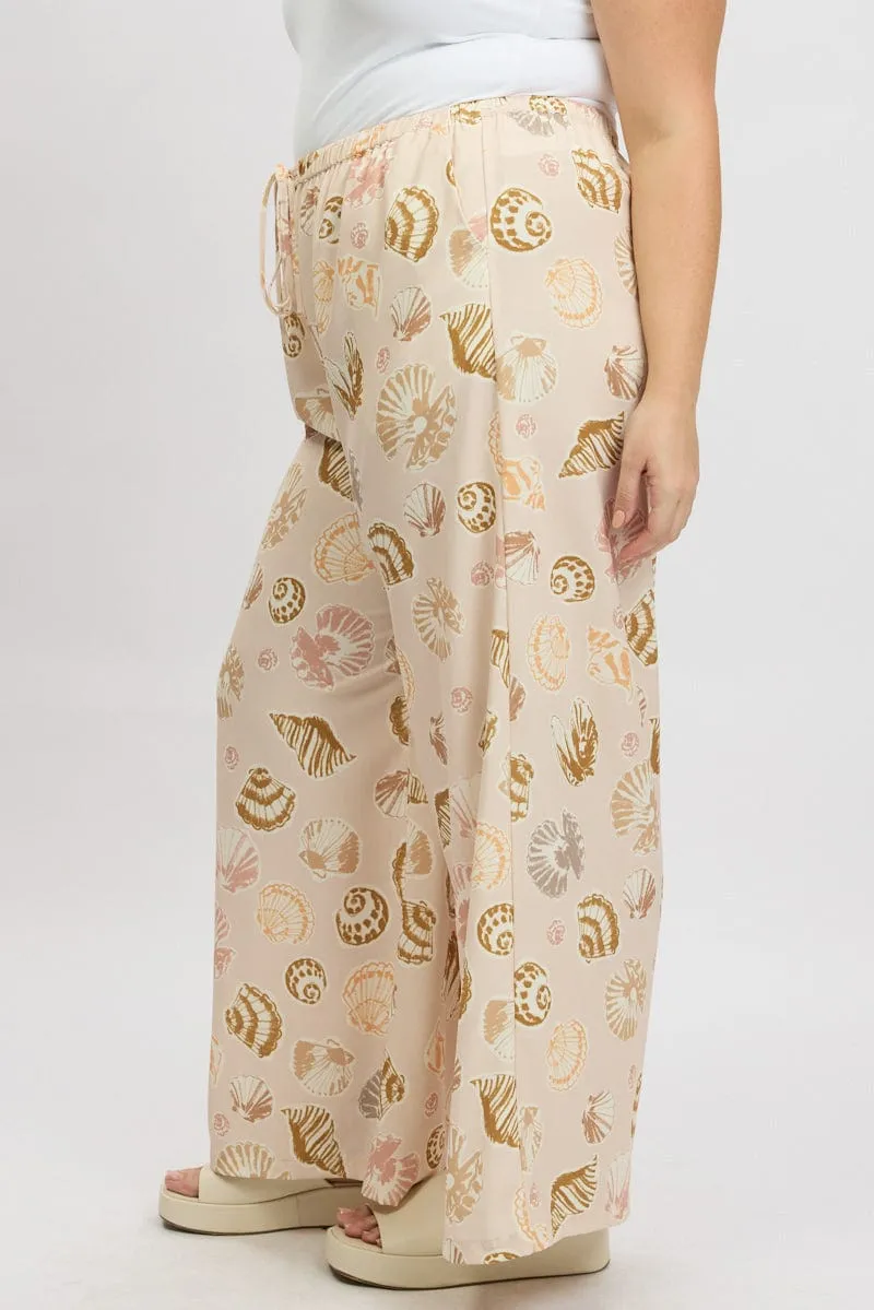 Beige Abstract Wide Leg Linen Blend Tie Waist Pants Low Profile