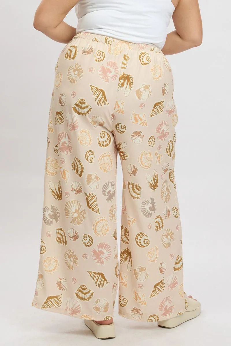 Beige Abstract Wide Leg Linen Blend Tie Waist Pants Stretch Fabric Button front