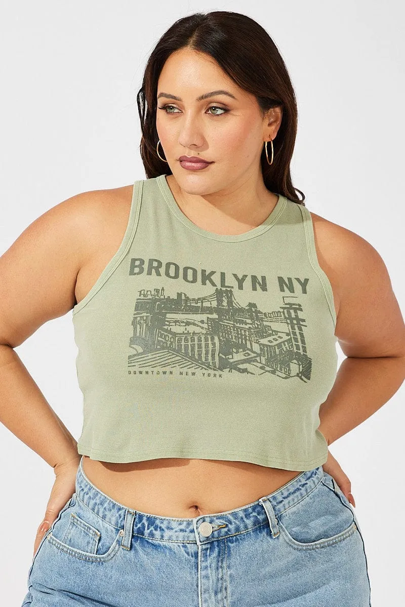 Green Graphic Tank Top Crew Neck Brooklyn Elegant Glow Comfortable Coat