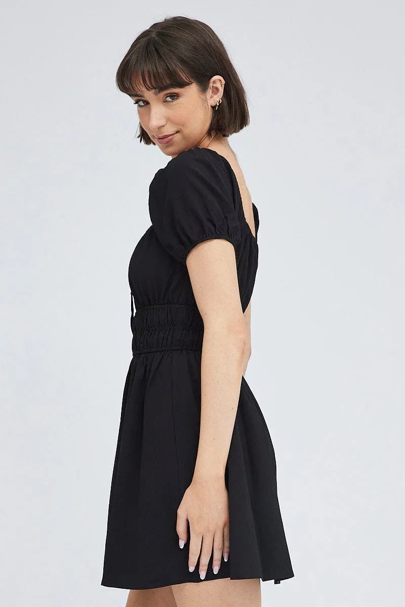 Black Fit And Flare Dress Puff Sleeve Mini Outdoor Jacket