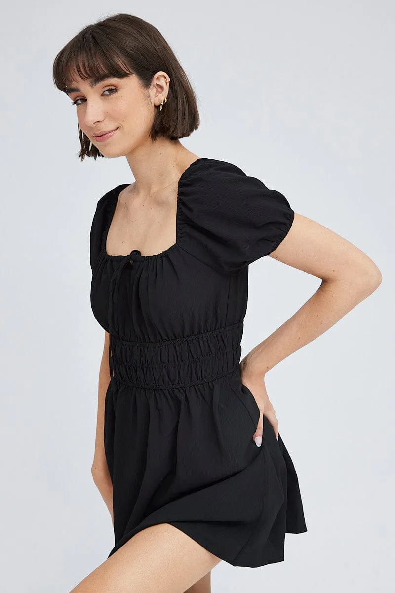 Black Fit And Flare Dress Puff Sleeve Mini FrictionResistantFabric Adjustable Straps