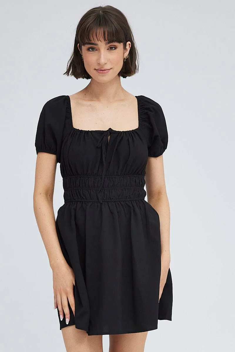 Black Fit And Flare Dress Puff Sleeve Mini Silent Mood Tribal Soul