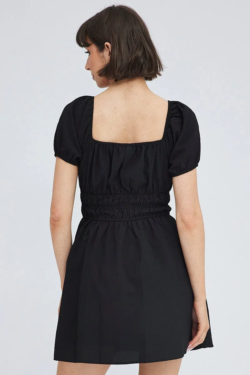 Elegant Tunic Black Fit And Flare Dress Puff Sleeve Mini