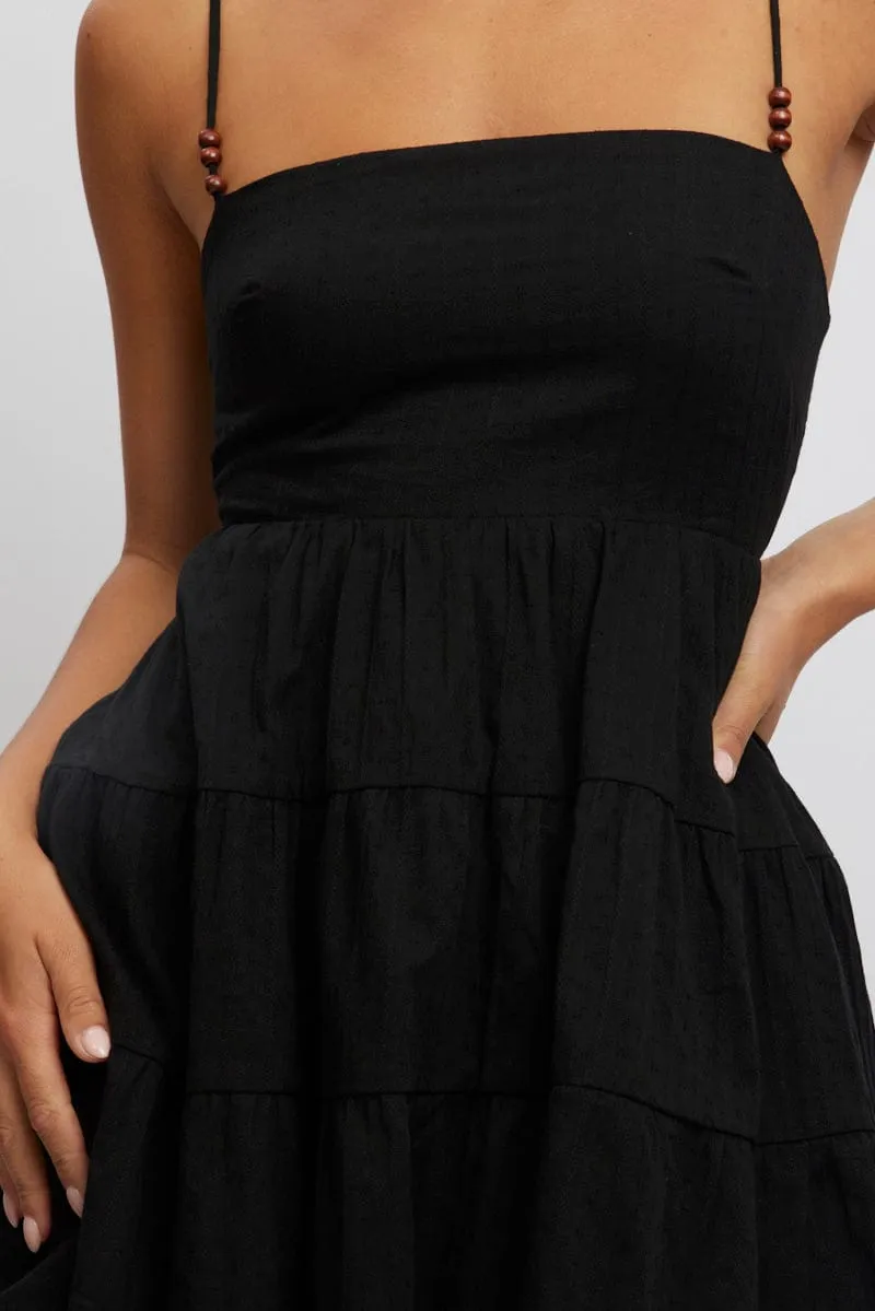 Black Fit And Flare Dress Bead Embellishment  Mini Stretch Fit Seamless Sleeve Construction