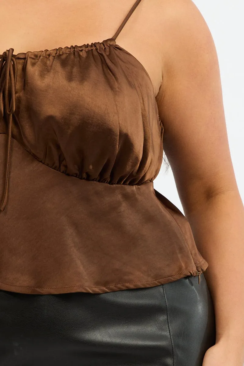 Brown Satin Cami Top Ruched Bust Global Glow pack light