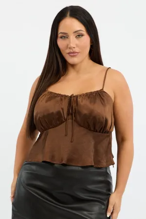 Brown Satin Cami Top Ruched Bust Comfortable clothing