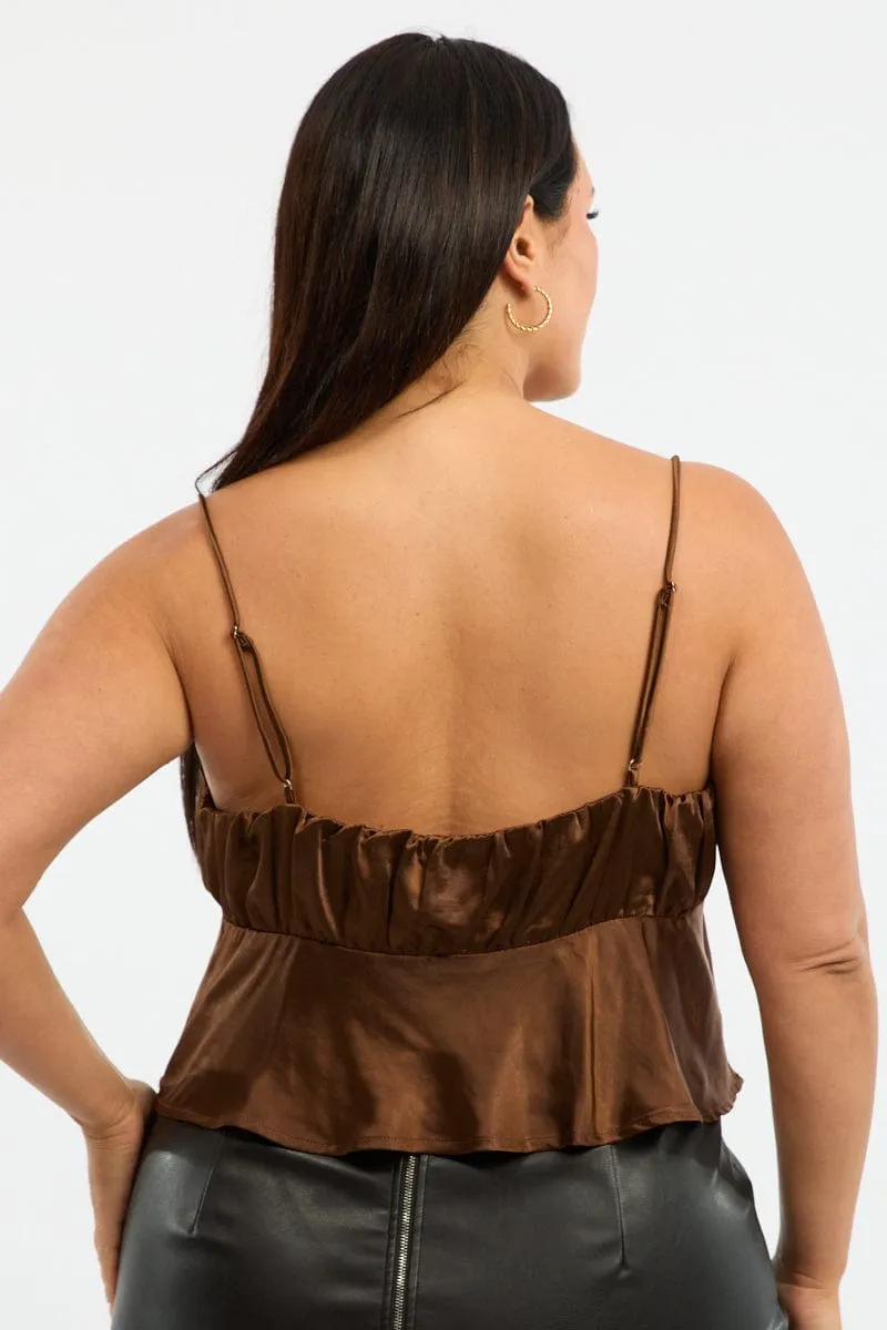 Brown Satin Cami Top Ruched Bust french chic