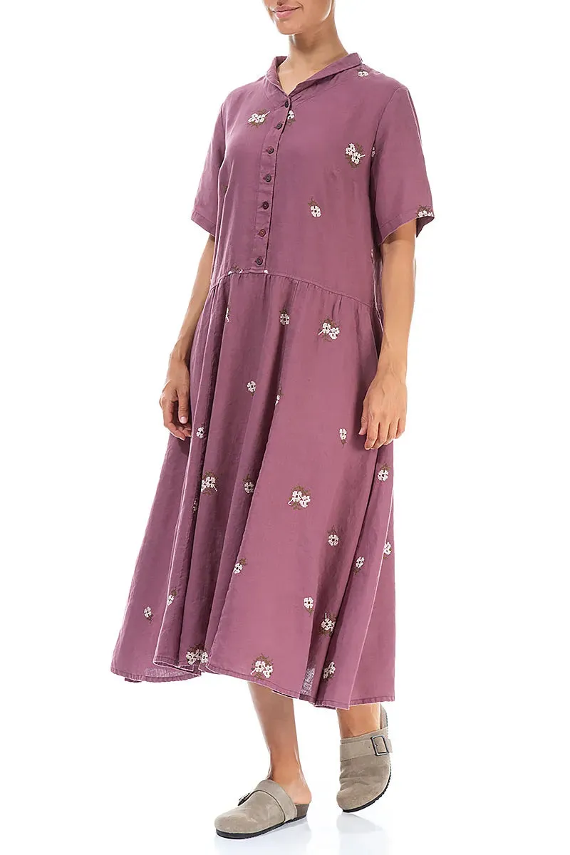 Day Glow Firm Leather Petal Embroidered Plum Light Linen Dress