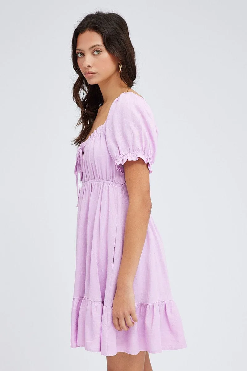Pink Fit And Flare Dress Puff Sleeve Mini WrinkleResistant RecycledPolyester