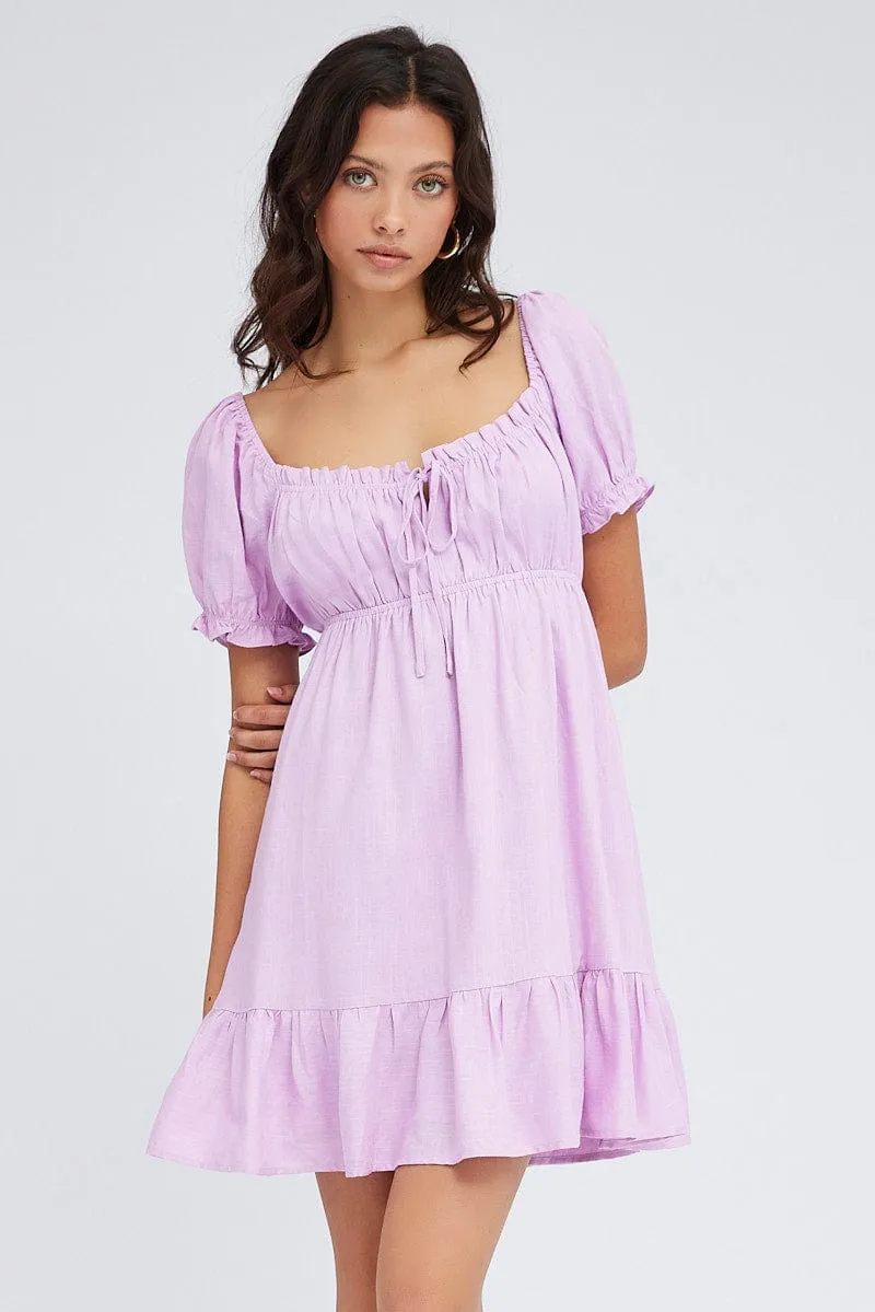 Farm Glow Pink Fit And Flare Dress Puff Sleeve Mini