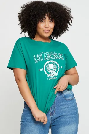 Soft and Flexible Relaxed Look Green Graphic T-shirt Los Angeles Short Sleeve Cotton