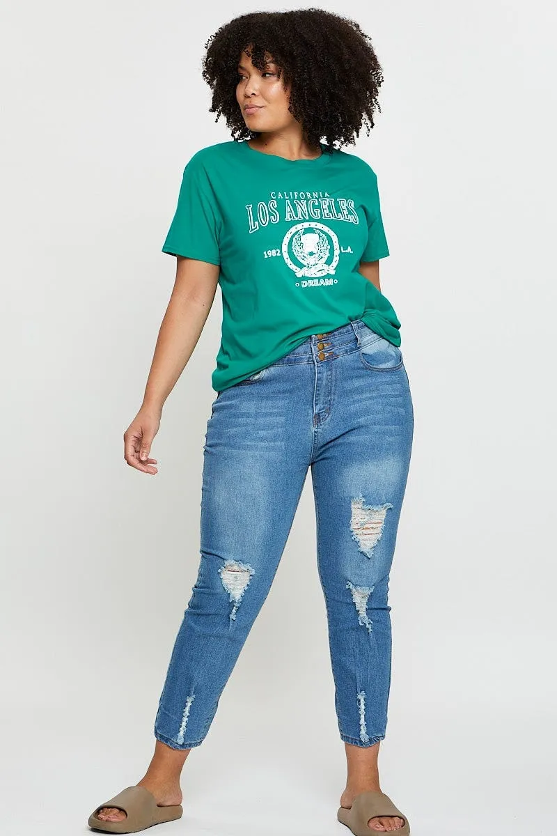 Green Graphic T-shirt Los Angeles Short Sleeve Cotton Pocket Design Recycled Material