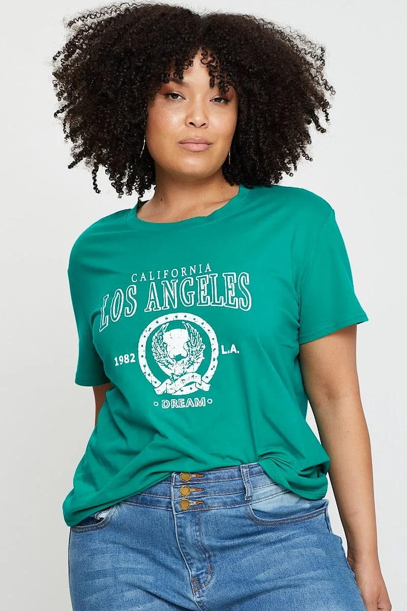 Green Graphic T-shirt Los Angeles Short Sleeve Cotton Weekend Smart Look Durable Color Retention