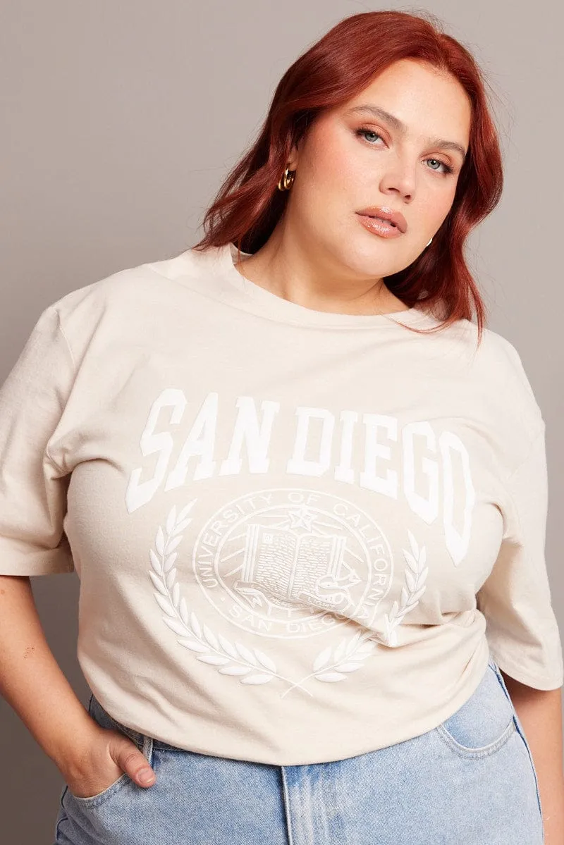 Beige Graphic T-shirt Short Sleeve Crew Neck Glossy Look Effortless Wear