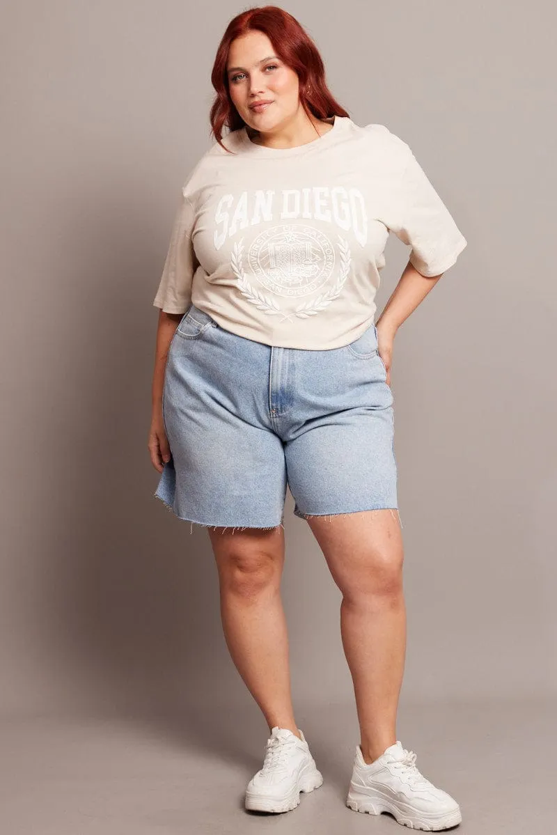 Beige Graphic T-shirt Short Sleeve Crew Neck birthday party