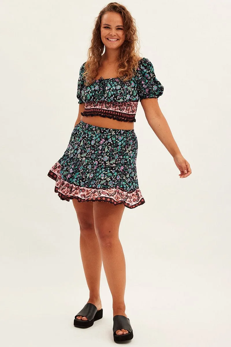 Black Boho Mini Skirt High Waist Tiered Fit Choice Erasable Crease