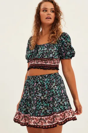 Hypoallergenic fabric Sporty Casual Black Boho Mini Skirt High Waist Tiered