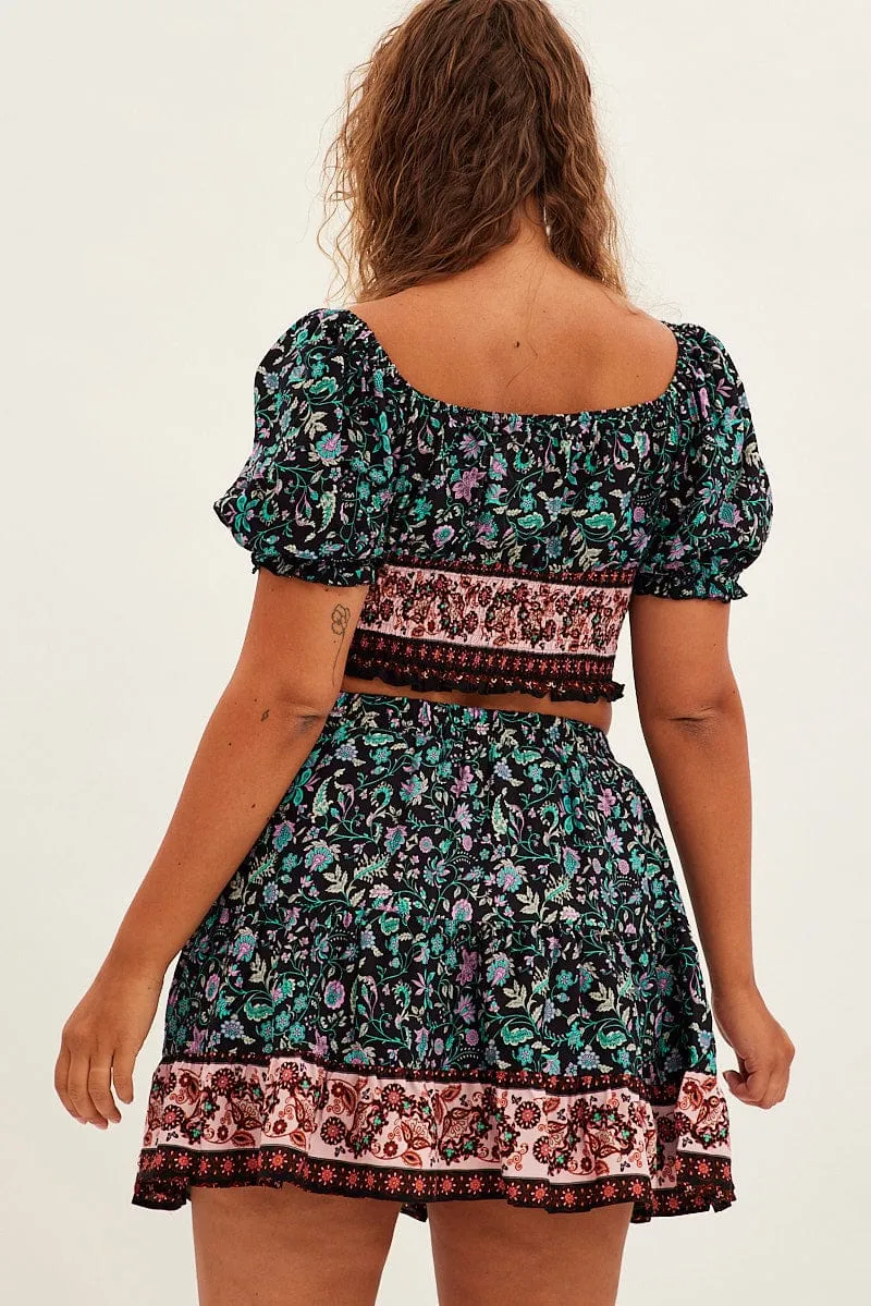 light texture Classic Touch Black Boho Mini Skirt High Waist Tiered
