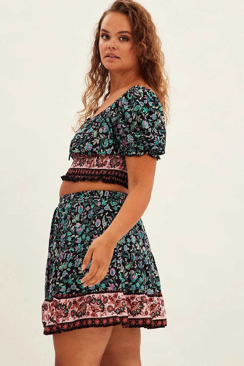 Black Boho Mini Skirt High Waist Tiered Refined Style