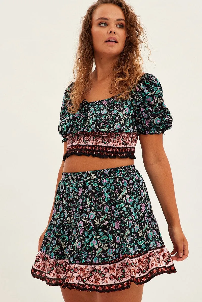 Hypoallergenic fabric Sporty Casual Black Boho Mini Skirt High Waist Tiered