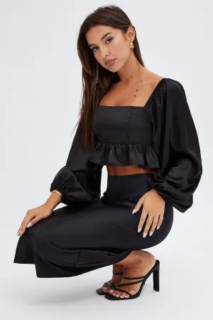 Floor Length Easy Care Black Midi Skirt High Waisted Satin Bias Cut