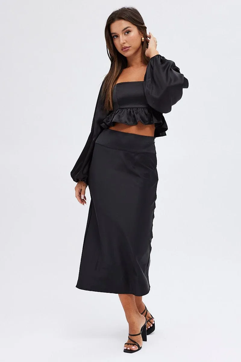 Black Midi Skirt High Waisted Satin Bias Cut Visual Outfit Soft Vibe