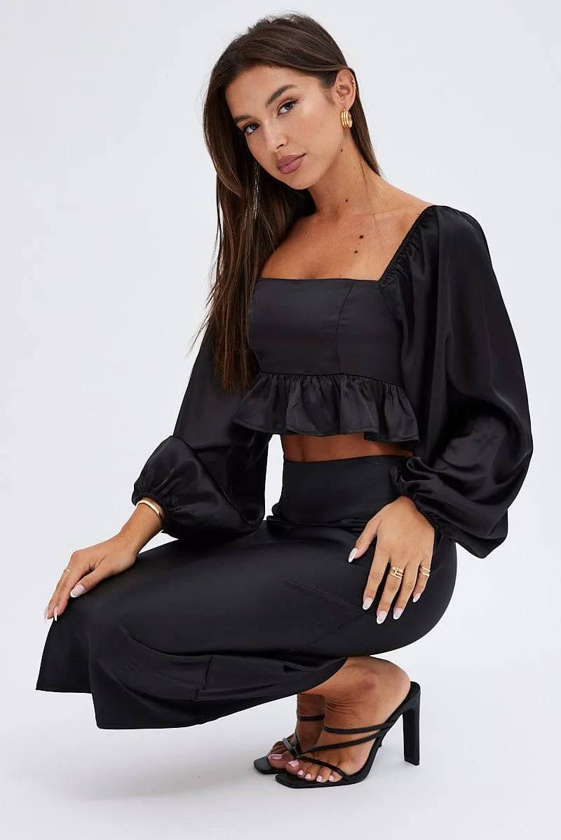 Floor Length Easy Care Black Midi Skirt High Waisted Satin Bias Cut