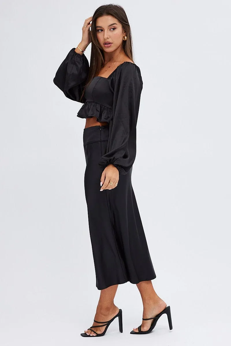 Office Appropriate Everyday Comfort Black Midi Skirt High Waisted Satin Bias Cut