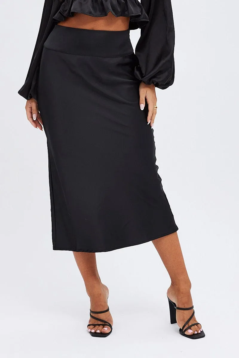 Black Midi Skirt High Waisted Satin Bias Cut Contoured Waist Low Impact Dye