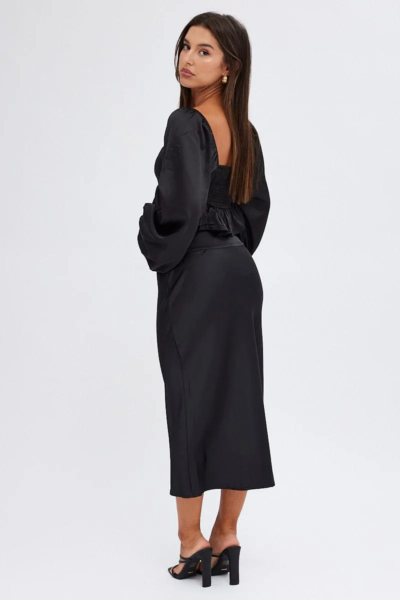 Black Midi Skirt High Waisted Satin Bias Cut Celebrity Style