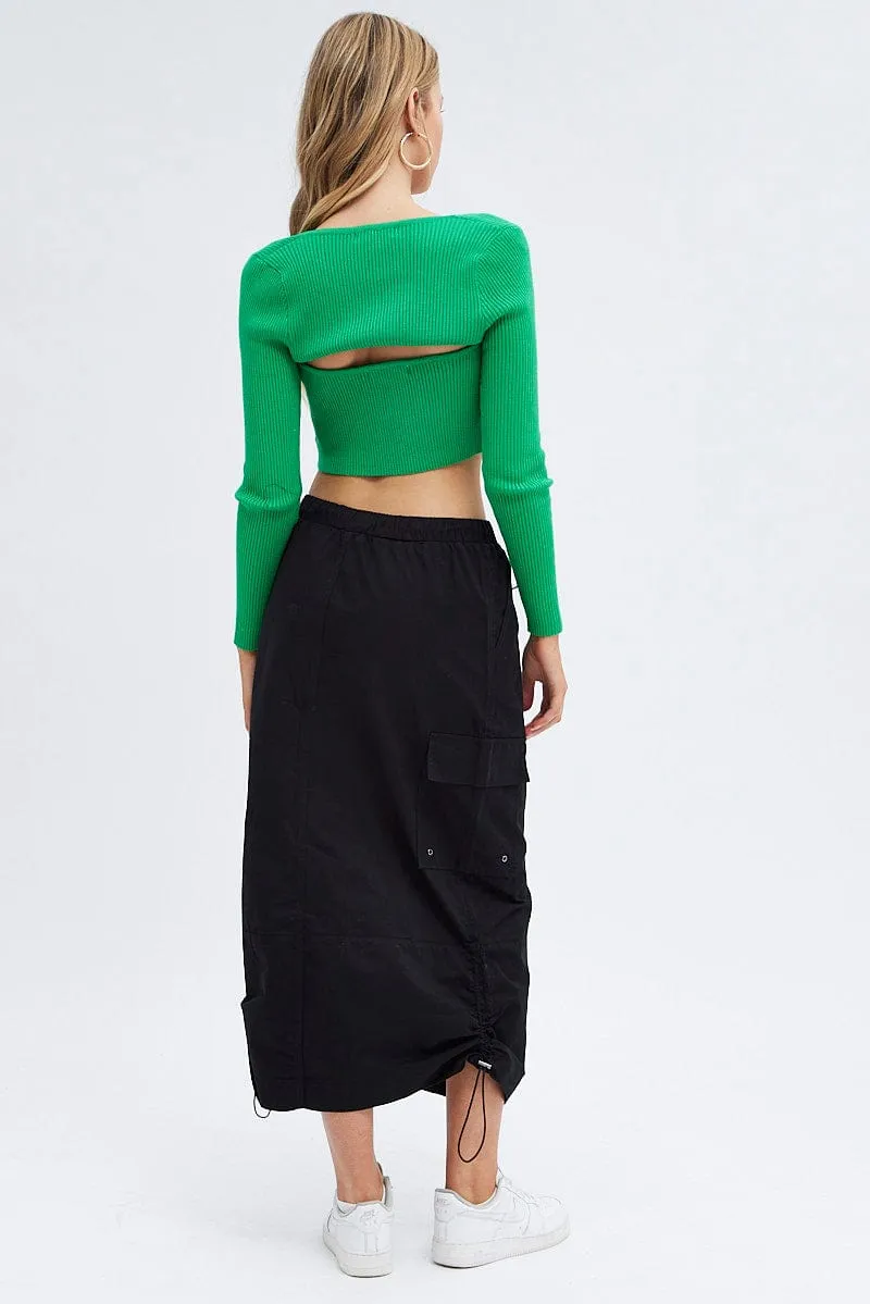 Black Parachute Cargo Skirt Low Rise Midi Weekend Favorite